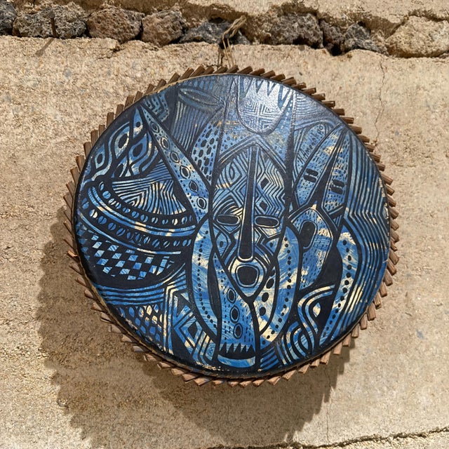 1980s 1970s Modern Pottery Art Blue Tambourine Goatskin and Wood Joseph Amedokpo For Sale - Image 5 of 7