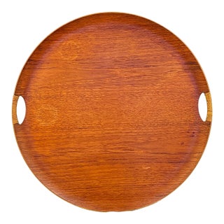 Vintage Danish Modern Round Teak Serving Tray With Cutout Handles, Marked Fh Denmark For Sale