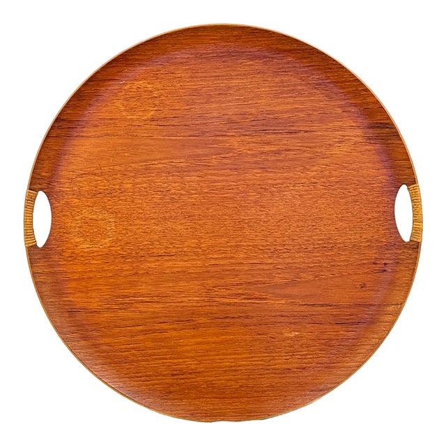 Vintage Danish Modern Round Teak Serving Tray With Cutout Handles, Marked Fh Denmark For Sale