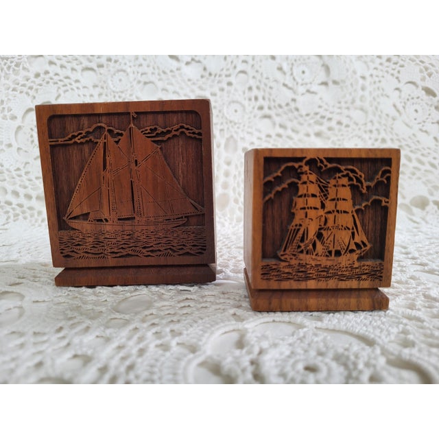 Nautical 1980s Pair of Wooden Engraved Sailboat Office Organizers For Sale - Image 3 of 7