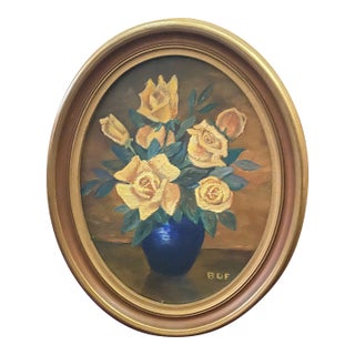 Mid 20th Century Original Oil Painting of Yellow Roses in a Cobalt Blue Vase For Sale