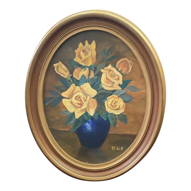 Mid 20th Century Original Oil Painting of Yellow Roses in a Cobalt Blue Vase For Sale