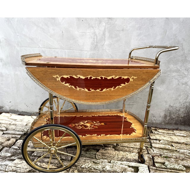 Vintage Brass and Marquetry Bar Cart, Italian Style Drinks Trolley with Folding Leaves, 1960s, 1970s For Sale - Image 15 of 18