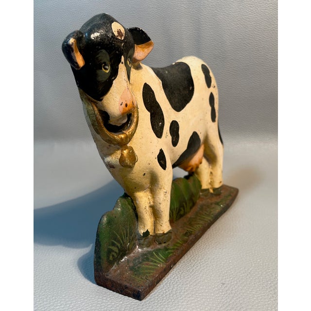 Cast Iron Holstein Cow Doorstop Folk Art Farmhouse Vintage Chippy Paint Signed For Sale - Image 4 of 8