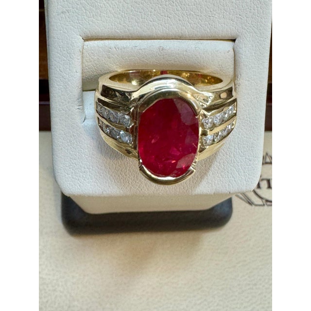 Ruby Red AGL Certified 3.5 Carat Burma Ruby & Diamond Ring in 18 Karat Yellow Gold Ring For Sale - Image 8 of 18