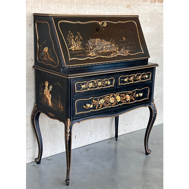 Chippendale Chippendale Style Slant Top Desk in Black Lacquered Wood, Circa 1900 For Sale - Image 3 of 13