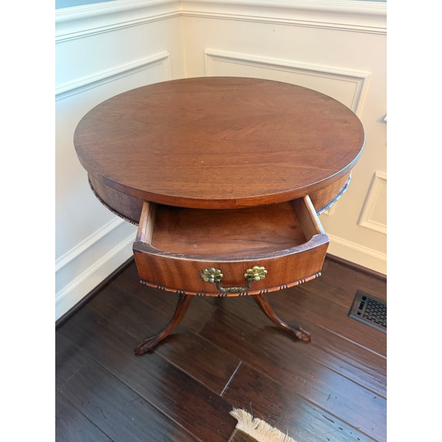 Vintage Chippendale-Style Mahogany Drum Table With Drawer & Claw Feet For Sale In Baltimore - Image 6 of 10
