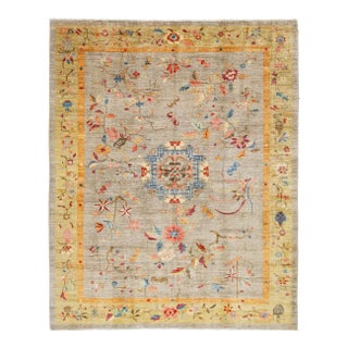 Hand-Knotted Modern Chinese Botanical Wool Area Rug - Slate Grey & Marigold For Sale