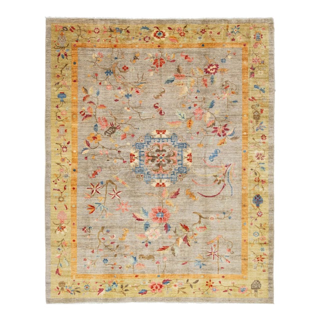 Hand-Knotted Modern Chinese Botanical Wool Area Rug - Slate Grey & Marigold For Sale