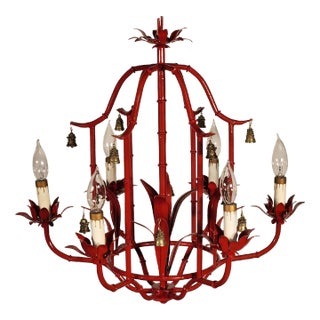 Vintage Faux Bamboo Pagoda Hollywood Regency Birdcage Chandelier Brass Bells For Sale