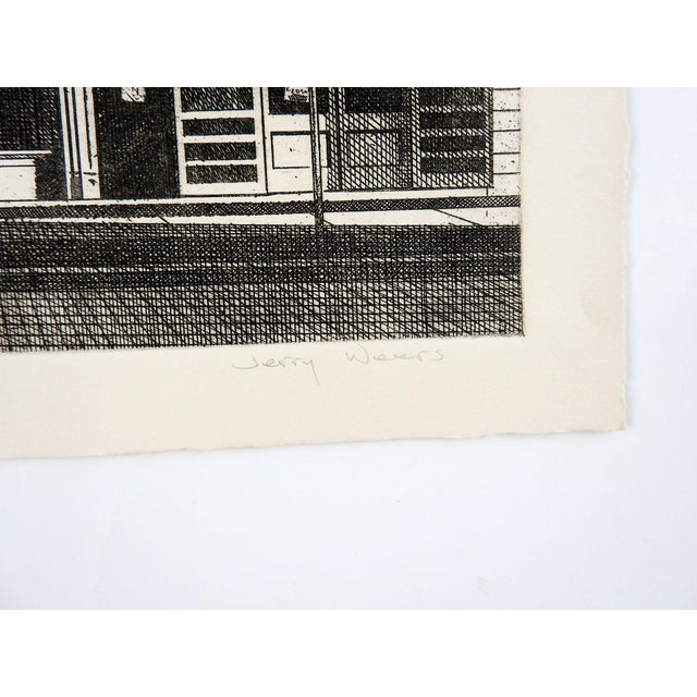 Late 20th century etching on light tan paper by Jerry Weers. Featuring The Oak Tavern on E. Gonzales St., Seguin Texas....