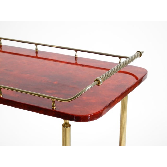 Large Vintage Red Goatskin Serving Bar Cart by Aldo Tura, 1960s For Sale - Image 13 of 18