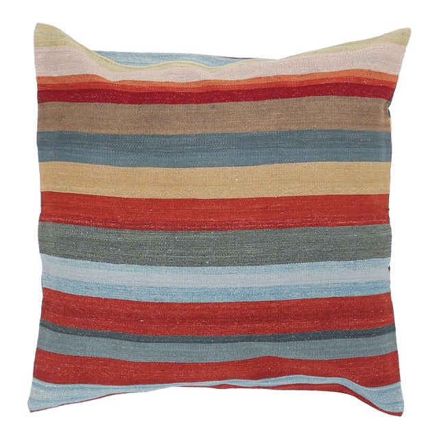 Arteverk Handwoven Reversible Wool Kilim Floor Pillow — Red & Blue Stripe (36") For Sale