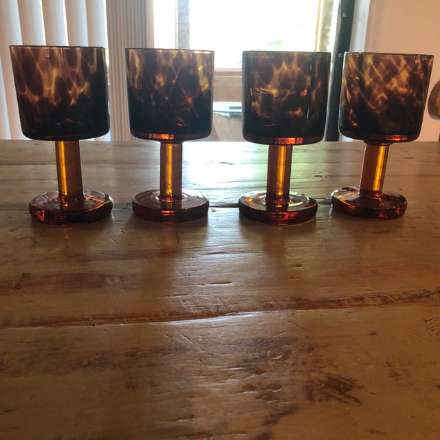 1970s 1970s Vintage Mid-Century Modern Handblown Amber Leopard Pattern Goblets - Set of 8 For Sale - Image 5 of 11