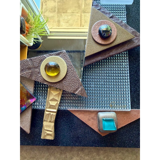 Postmodern Mixed Media Studio Glass Mirror Asymmetrical Memphis Style Geometric Brutalist Wall Sculpture For Sale - Image 13 of 18