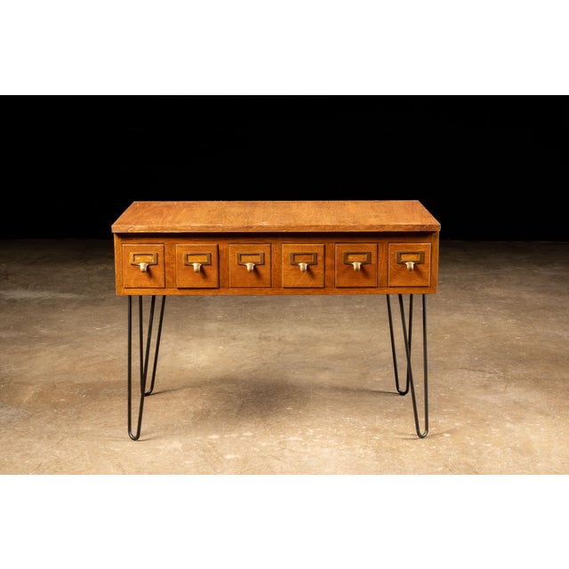 Mid 20th Century Mid-Century Danish Six-Drawer Card Catalog on Hairpin Legs For Sale - Image 5 of 11