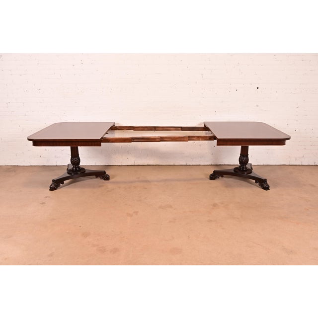 Brown Baker Furniture Regency Banded Mahogany Double Pedestal Extension Dining Table, Newly Refinished For Sale - Image 8 of 17