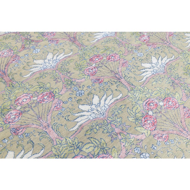 Beige Modern Art Nouveau Inspired Floral Wool Area Rug in Pastel Sage and Rose Pink For Sale - Image 8 of 11