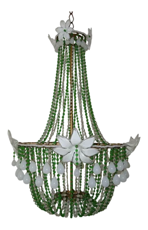 1930's White Opaline Large Murano Flowers Drops Green Beads Empire Chandelier