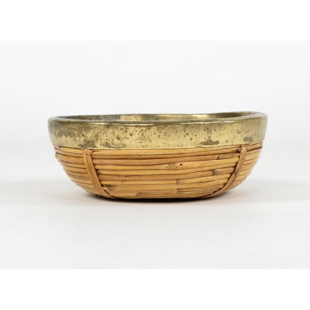 Wood Mid-Century Round Bowl or Centerpiece in Bamboo, Rattan and Brass, Italy, 1970s For Sale - Image 7 of 11