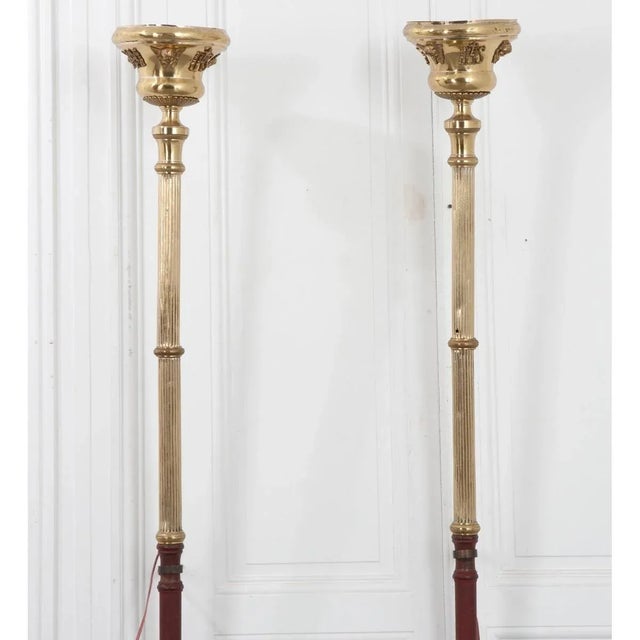 Wood French 19th Century Brass Altar Torch Lamps - A Pair For Sale - Image 7 of 12