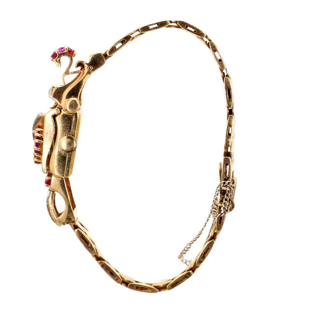 Mid 20th Century Mercedes Signed 14k Gold Ruby & Diamond Art Deco Hidden Watch Bracelet For Sale - Image 4 of 14