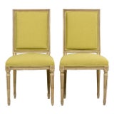 Antique French Louis XVI Painted Accent Side Chairs in Chartreuse Fabric - A Pair For Sale