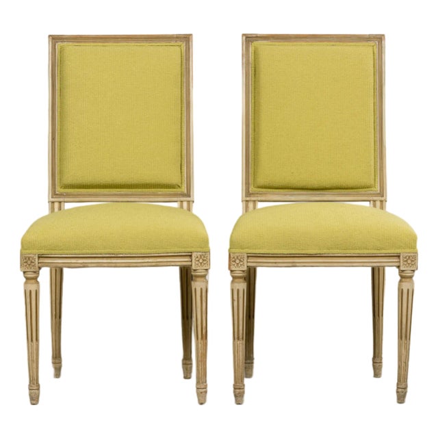 Antique French Louis XVI Painted Accent Side Chairs in Chartreuse Fabric - A Pair For Sale