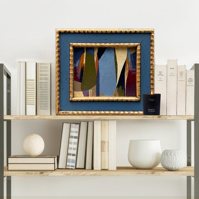 This is a new abstract oil painting in rich tones of blue, olive green and beige. The oil painting is done on a hardboard...