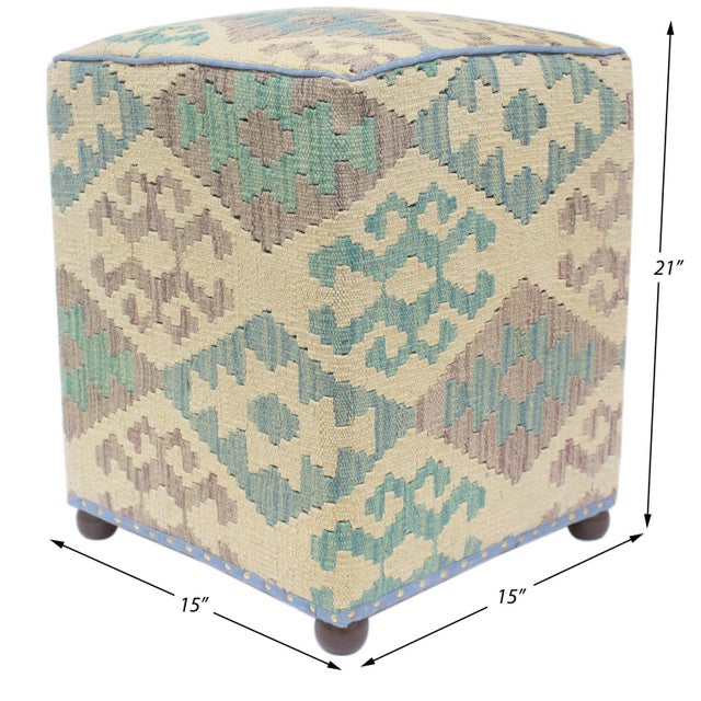 Chic handmade ottoman crafted using wood and upholstered using hand-woven kilim wool rug is a multi-purpose fashion pouf...