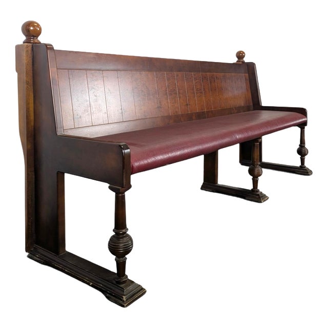Art Deco Brasserie Bench in Oak and Burl Wood with Burgundy Imitation Leather Seat, 1930s For Sale