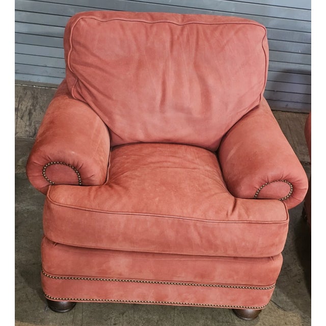 Late 20th Century Late 20th Century Pair Hancock & Moore Red Suede Leather Armchairs Club Chairs Nailhead Trim For Sale - Image 5 of 11