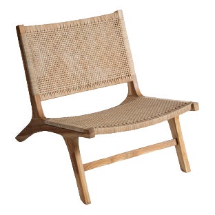Reclining Armchair in Natural Wood and Woven Rattan For Sale