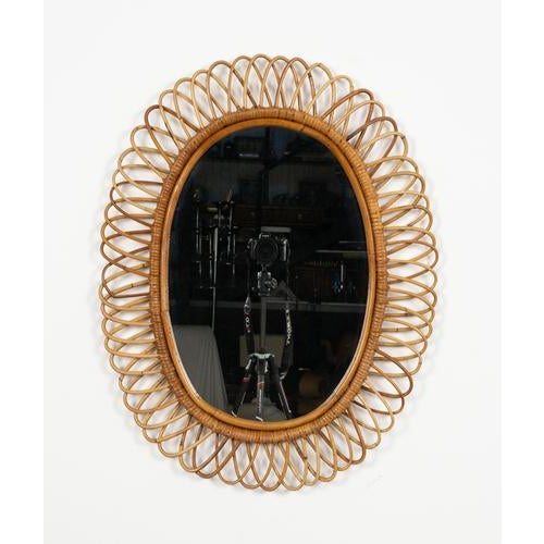 Brown Mid-Century Oval Rattan and Bamboo Wall Mirror attributed to Franco Albini, Italy, 1960s For Sale - Image 8 of 10