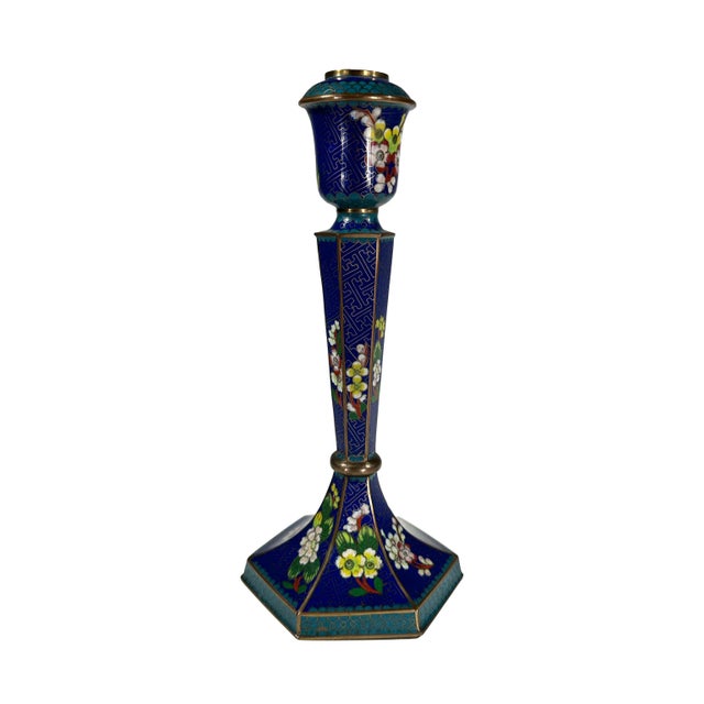 Mid 20th Century Vintage Cloisonne Enamel Floral Chinoiserie Candlesticks - A Pair For Sale - Image 5 of 12