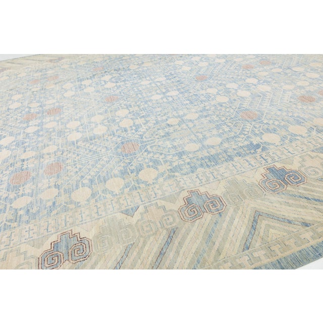 Modern 16x19 Modern Khotan Style Area Rug - Hand-Knotted Wool in Sky Blue, Ivory & Sand For Sale - Image 3 of 11