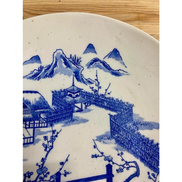 Antique Japanese Blue and White Porcelain Charger Plate With Pictorial Spring Scene For Sale - Image 4 of 7