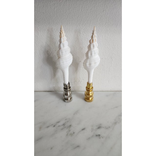 Pair of White Spindle Sea Shell Lamp Finials, Brass Base For Sale - Image 4 of 4
