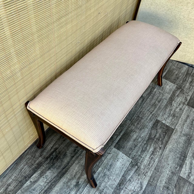 Early 21st Century Art Deco Revival Upholstered Bench by Kreiss Collection Furniture. Features solid wood curved legs with...
