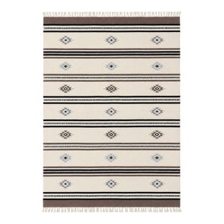 Handwoven Indian Kilim Rug | 6' X 9' | Ivory Field With Striped Tribal Geometric Design For Sale