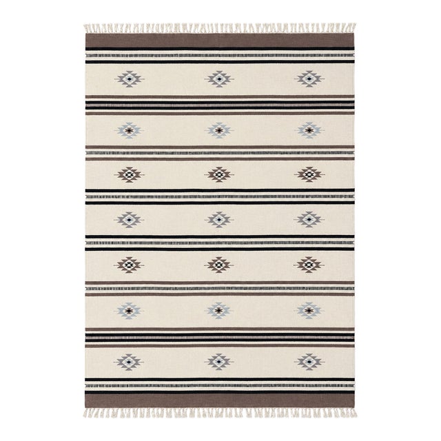 Handwoven Indian Kilim Rug | 6' X 9' | Ivory Field With Striped Tribal Geometric Design For Sale