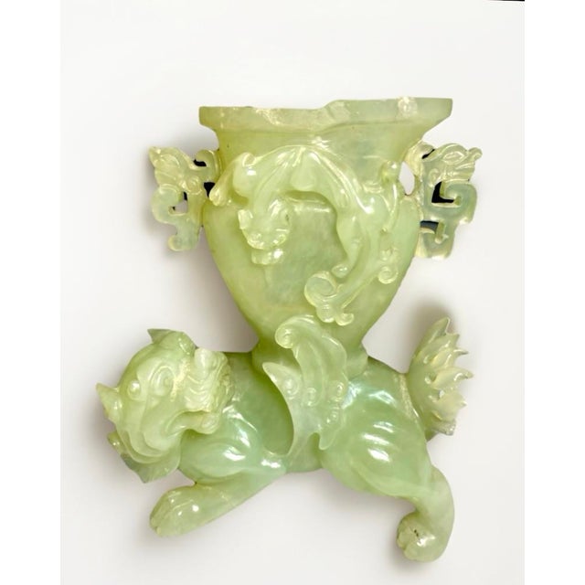 Asian Mid 20th Century Sculpted Jade Foo Dog Open Urn, Very Translucent Xiu Jade For Sale - Image 3 of 8