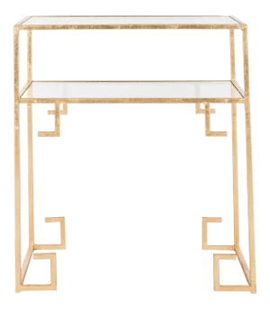 Glass Top Greek Key Side Table in Antique Gold