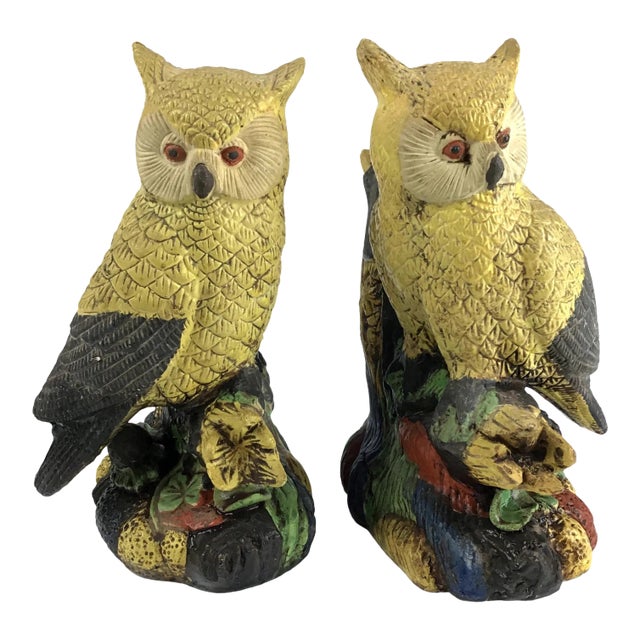 1950s Yellow Painted Mid Century Clay Owls - a Pair For Sale