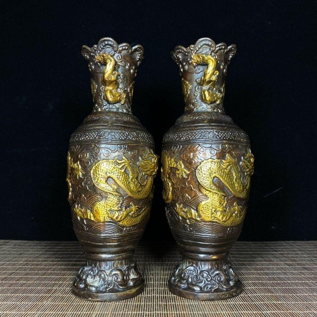Chinese Pair of Vintage Gilt Bronze Dragon Vases – "Dragon Rising From the Sea" Motif For Sale - Image 3 of 9