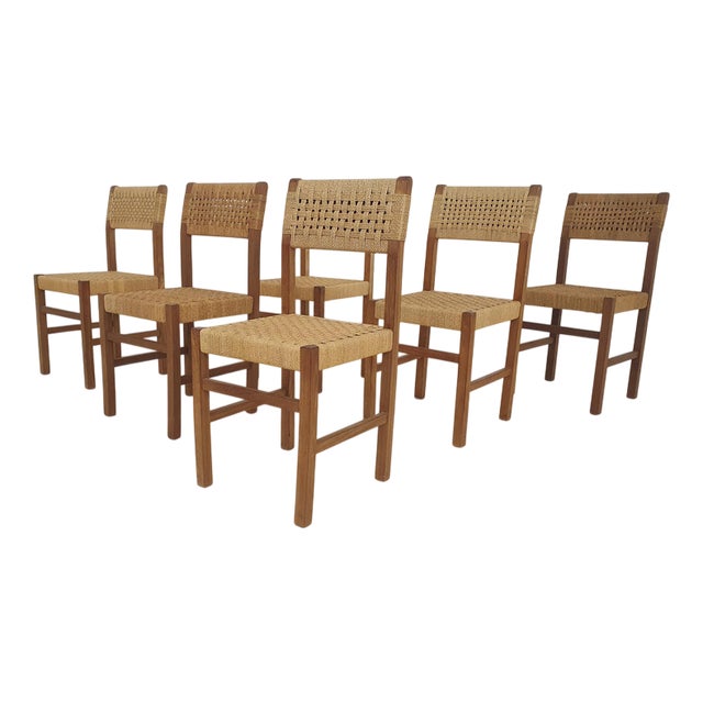 Vintage French Papercord Dining Chairs, 1950s, Set of 6 For Sale