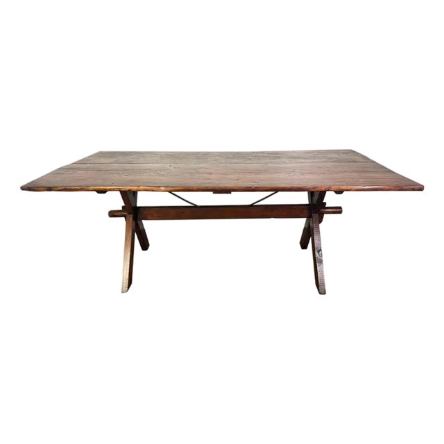 Rustic Trestle Dining Table With Handcrafted Plank Top, Mid-20th Century For Sale