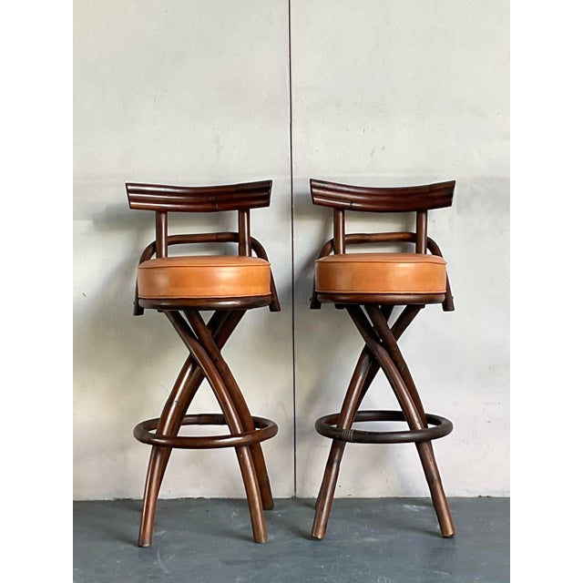 Mid 20th Century Vintage Boho Bent Rattan Bar Stools - A Pair For Sale - Image 5 of 5