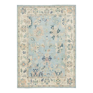 Modern Hand-Knot Oushak Style Light Blue & Soft Earth Tone Floral Wool Area Rug For Sale