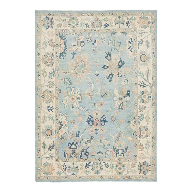 Modern Hand-Knot Oushak Style Light Blue & Soft Earth Tone Floral Wool Area Rug For Sale